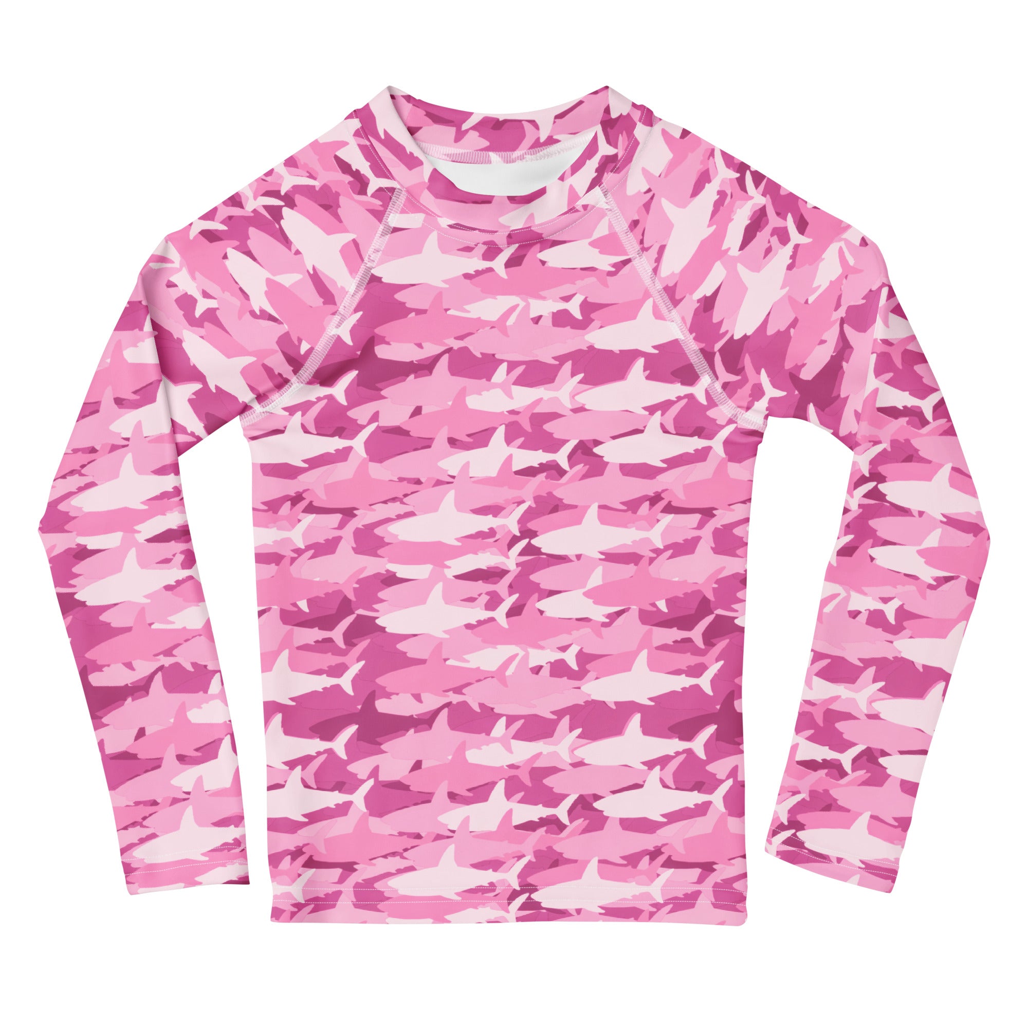 Girls pink and white shark camouflage long sleeve rash guard swim shirt with UPF 50 plus for sun protection