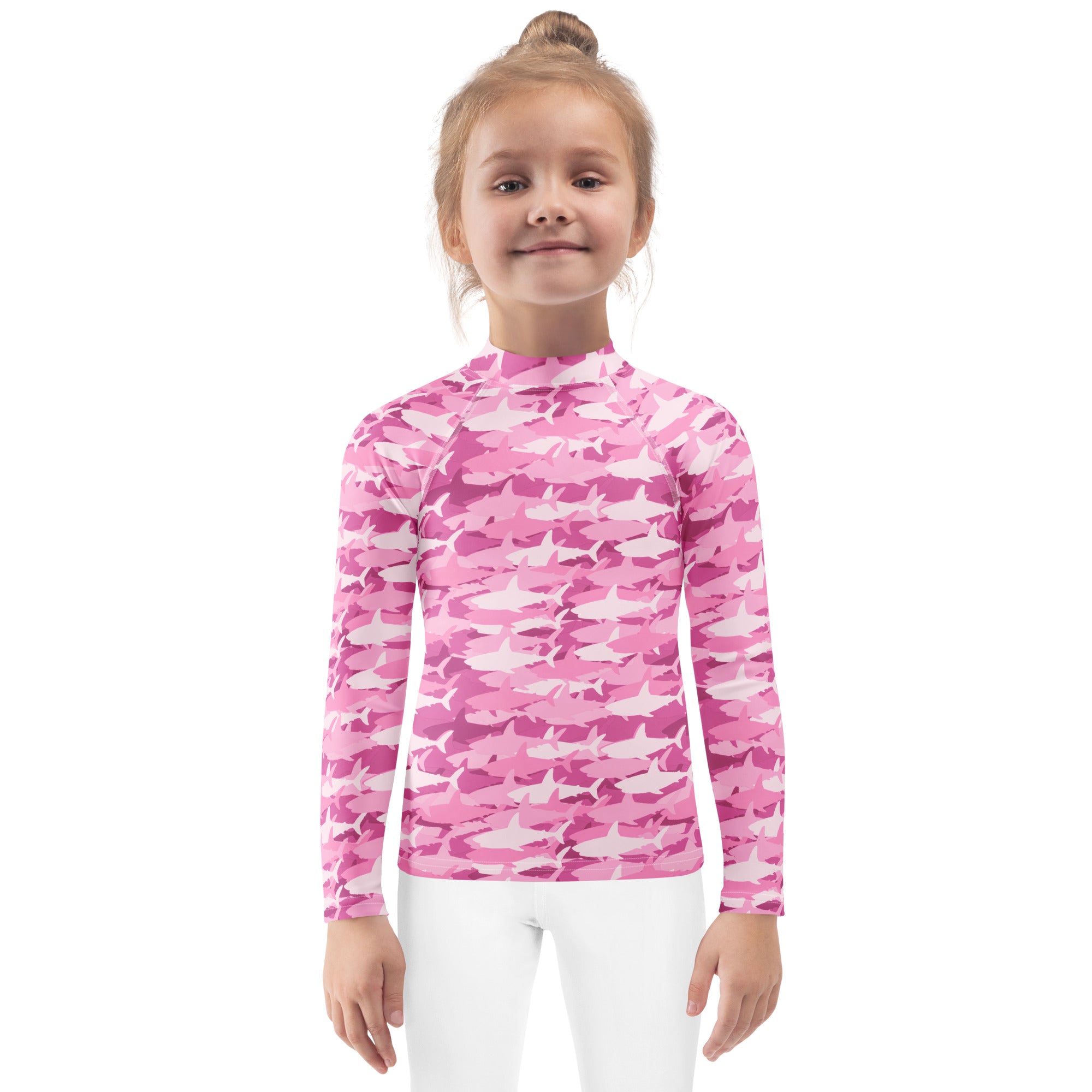 Girls pink shark long sleeve rash guard swim shirt with upf 50+ for sun protection and water activities