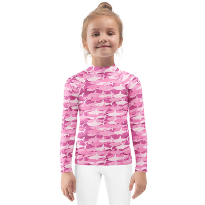 Girls Pink Shark Long Sleeve Rash Guard Swim Shirt With UPF 50+