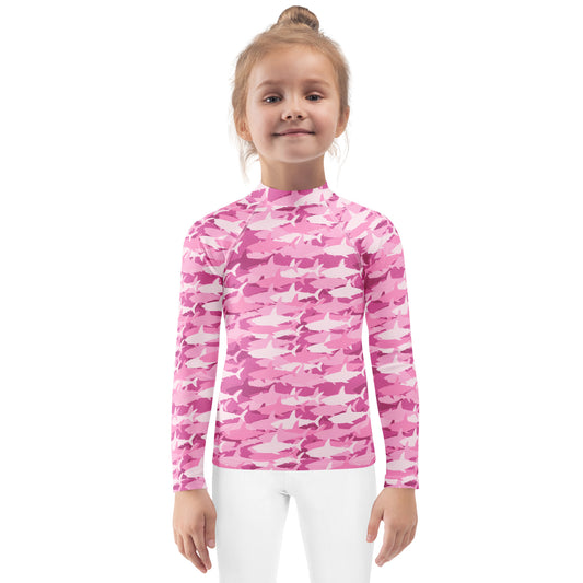 Girls Pink Shark Long Sleeve Rash Guard Swim Shirt With UPF 50+