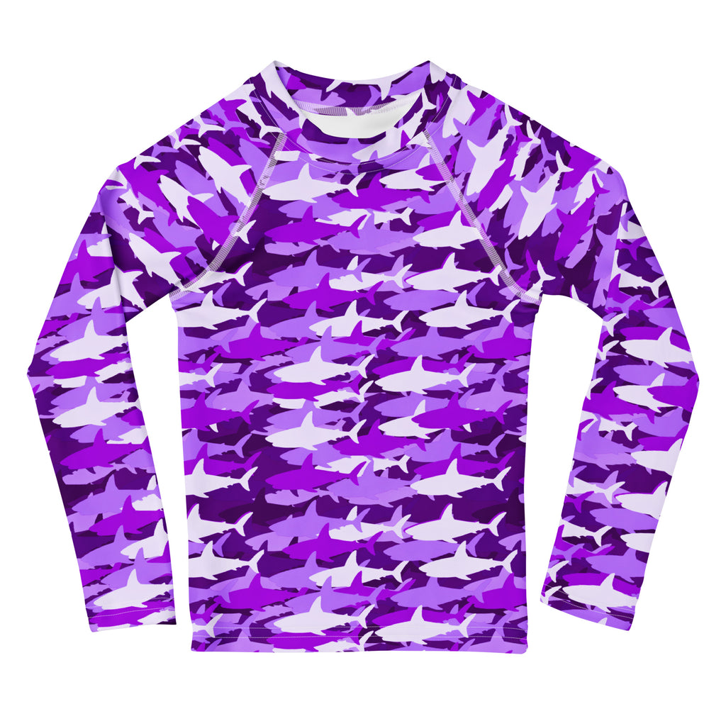 Girls purple and white shark-patterned long sleeve rash guard swim shirt with UPF 50 plus for sun protection