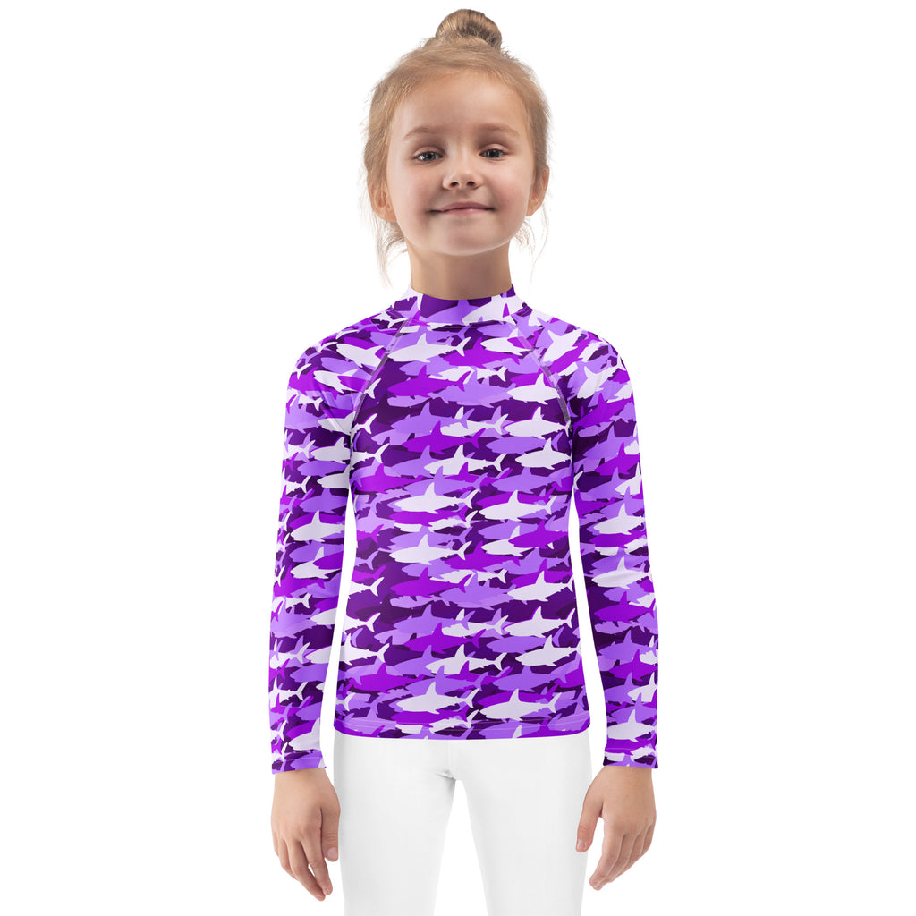 Girls purple and white shark camouflage long sleeve rash guard swim shirt with UPF 50 plus for sun protection