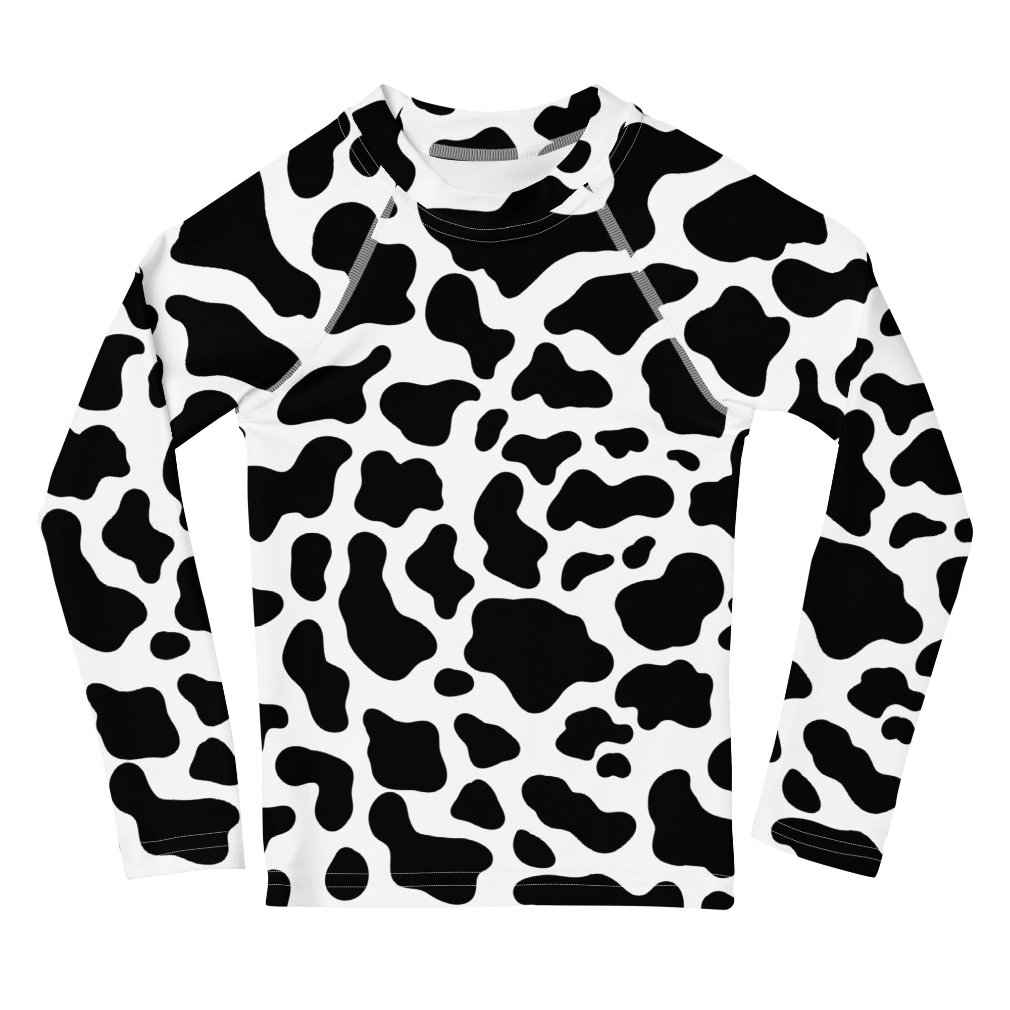 Kids cow print long sleeve rash guard swim shirt with upf 50 plus in black and white for sun protection