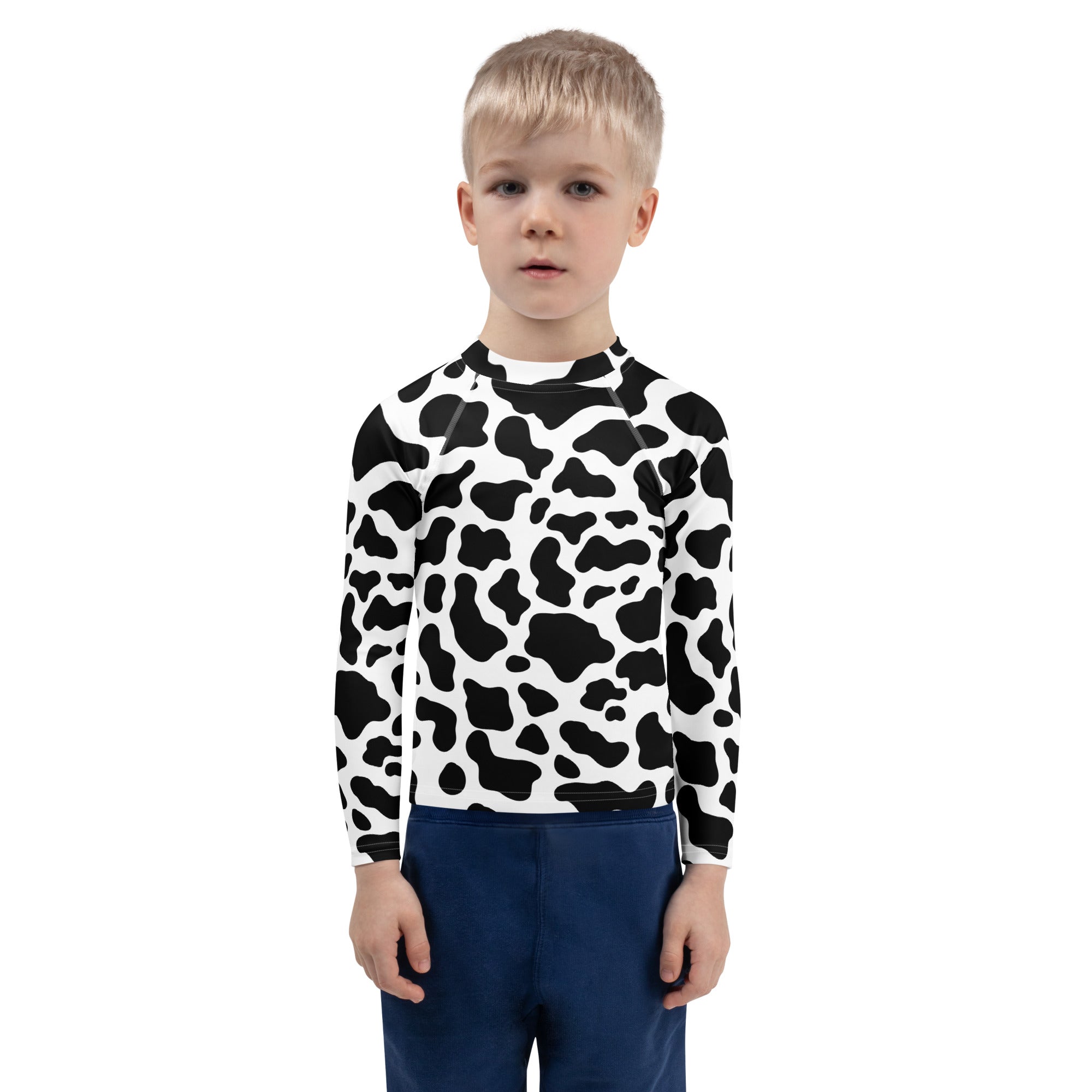Kids cow print long sleeve rash guard swim shirt with upf 50 plus in black and white for sun protection