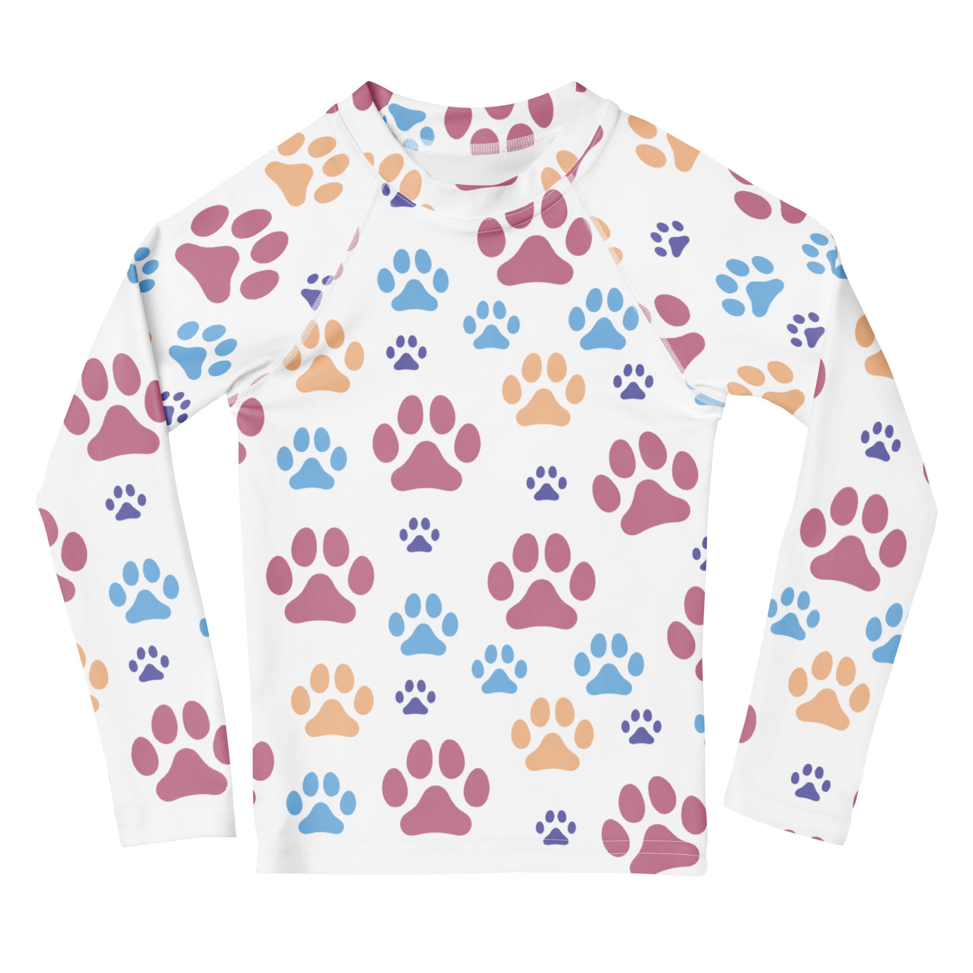 Kids Colorful Paw Print Long Sleeve Rash Guard Swim Shirt With UPF 50+