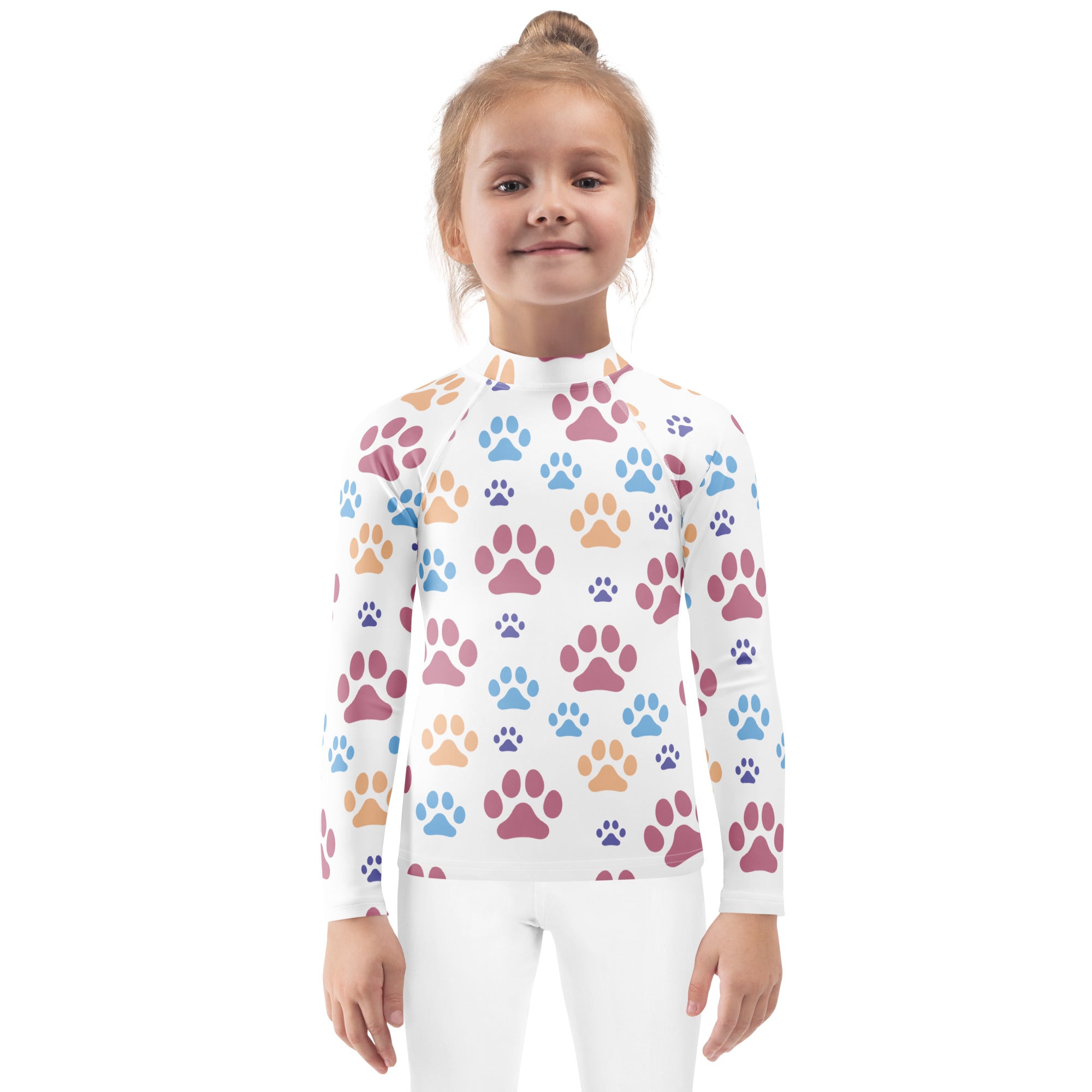 Kids Colorful Paw Print Long Sleeve Rash Guard Swim Shirt With UPF 50+