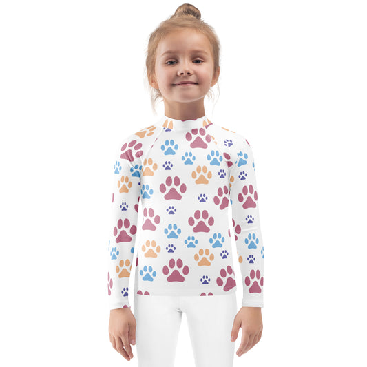 Kids Colorful Paw Print Long Sleeve Rash Guard Swim Shirt With UPF 50+