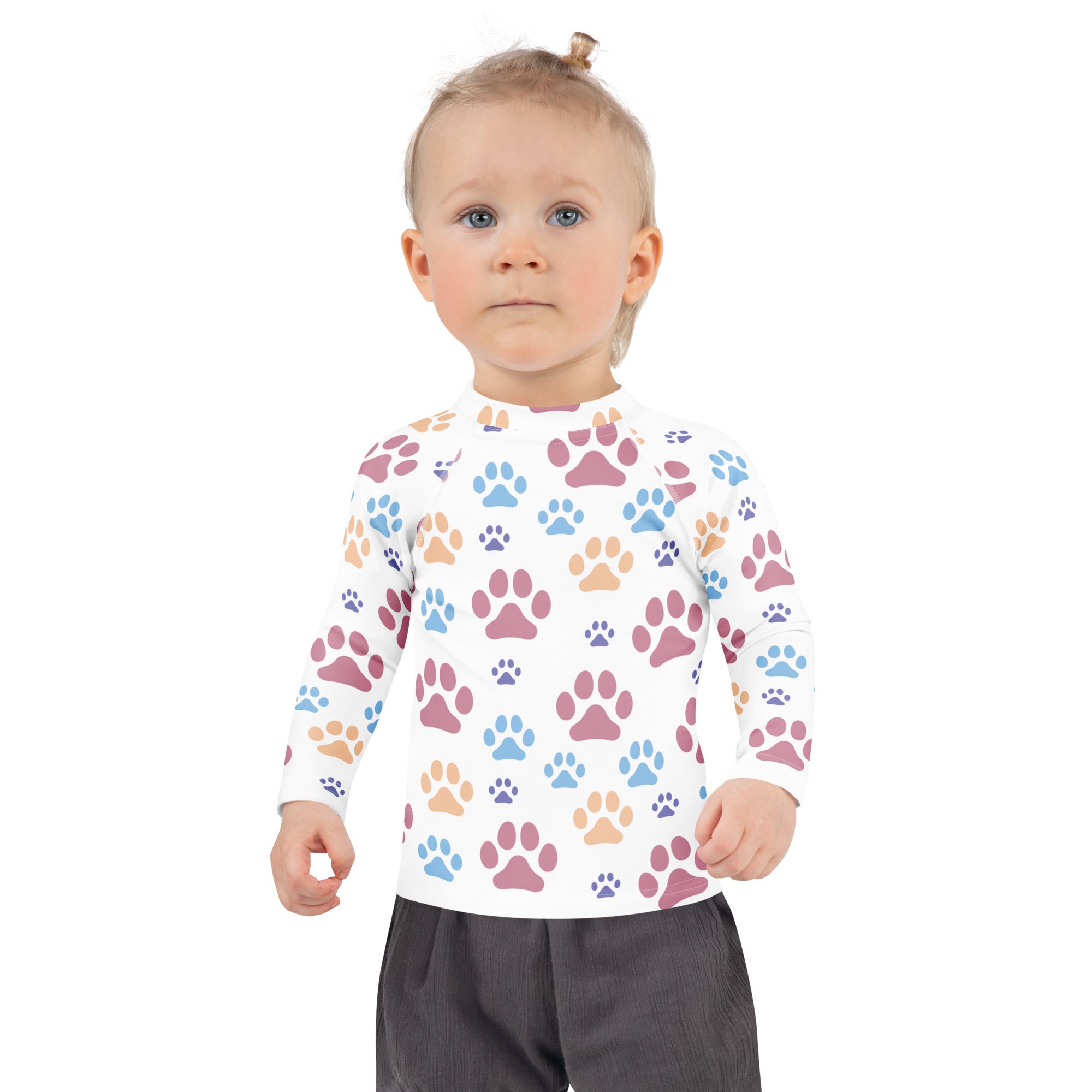 Kids Colorful Paw Print Long Sleeve Rash Guard Swim Shirt With UPF 50+