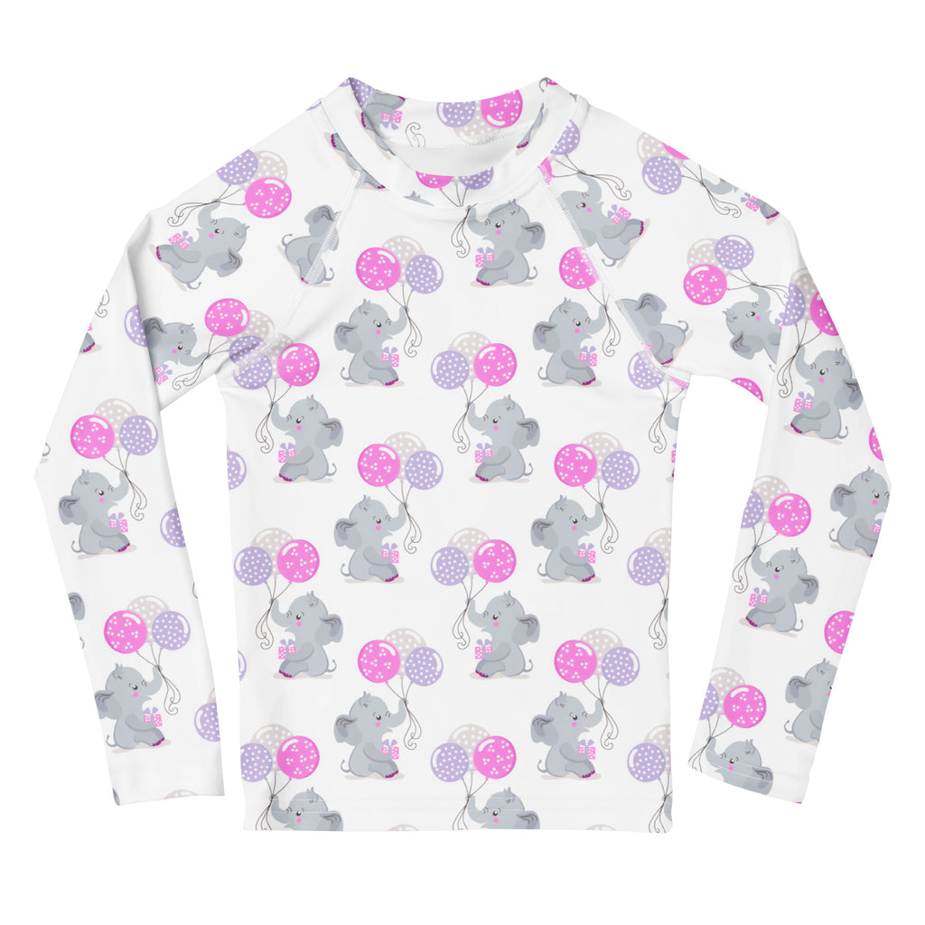 White girls long sleeve rash guard swim shirt with gray elephant pattern and pink purple balloons and UPF 50+ sun protection