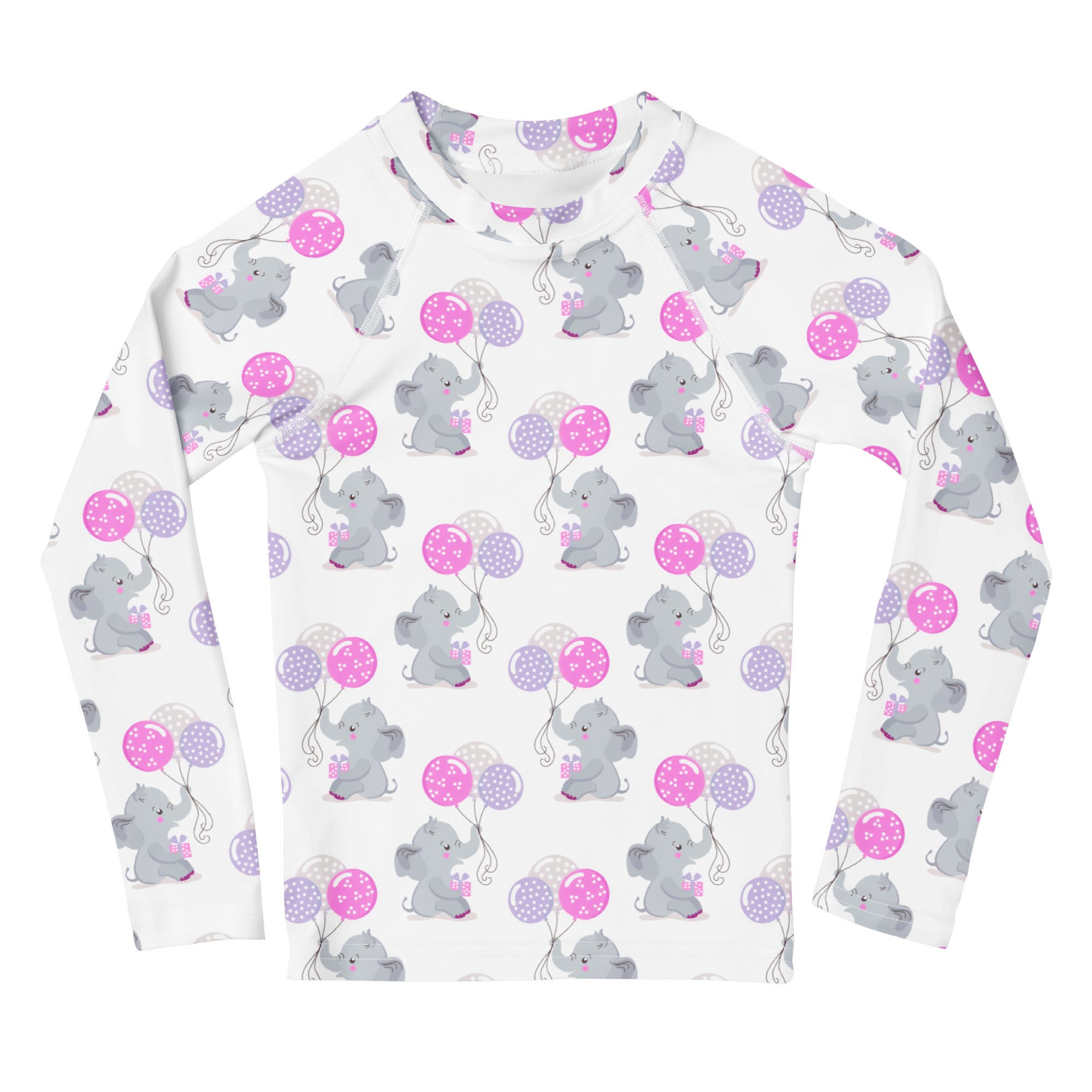 White girls long sleeve rash guard swim shirt with gray elephant pattern and pink purple balloons and UPF 50+ sun protection