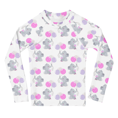 White girls long sleeve rash guard swim shirt with gray elephant pattern and pink purple balloons and UPF 50+ sun protection