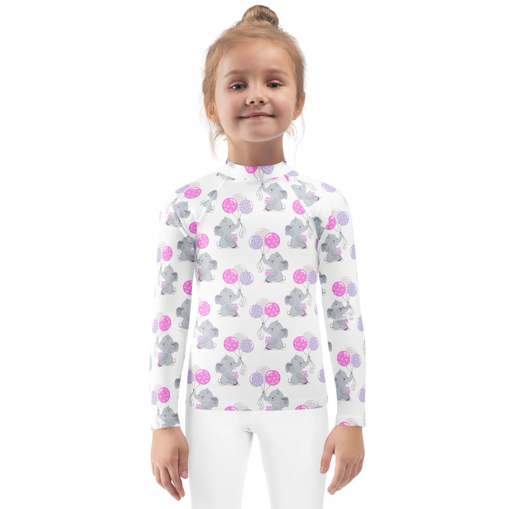 White long-sleeved rash guard swim shirt for girls with gray elephants holding pink and purple balloons and upf 50+ protection