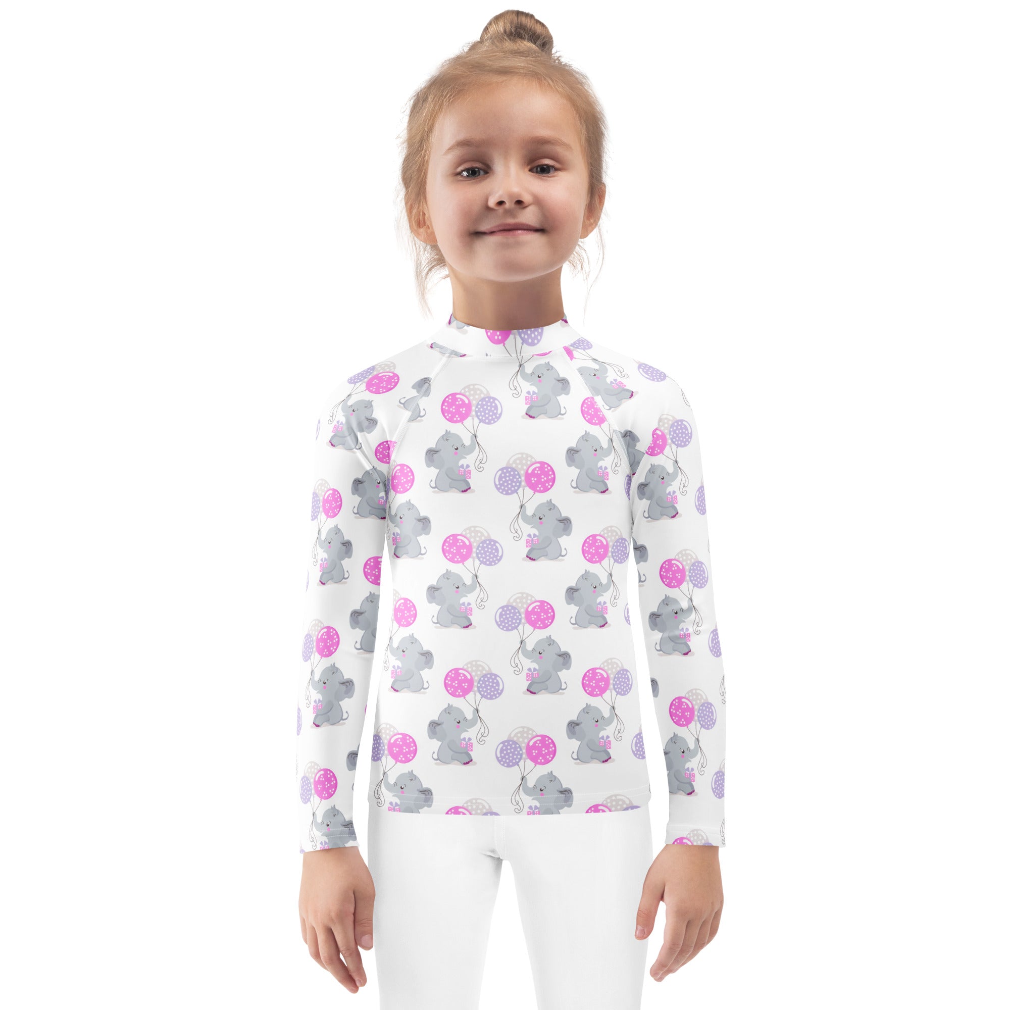 White long-sleeved rash guard swim shirt for girls with gray elephants holding pink and purple balloons and upf 50+ protection