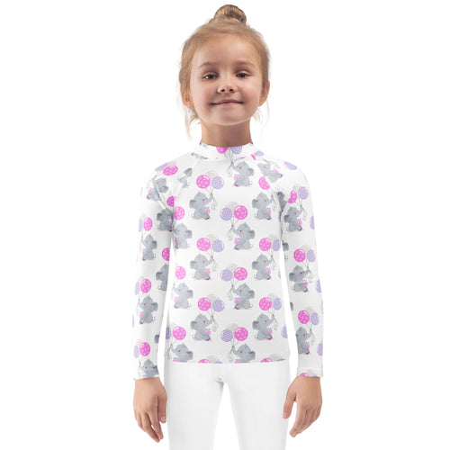 White long-sleeved rash guard swim shirt for girls with gray elephants holding pink and purple balloons and upf 50+ protection