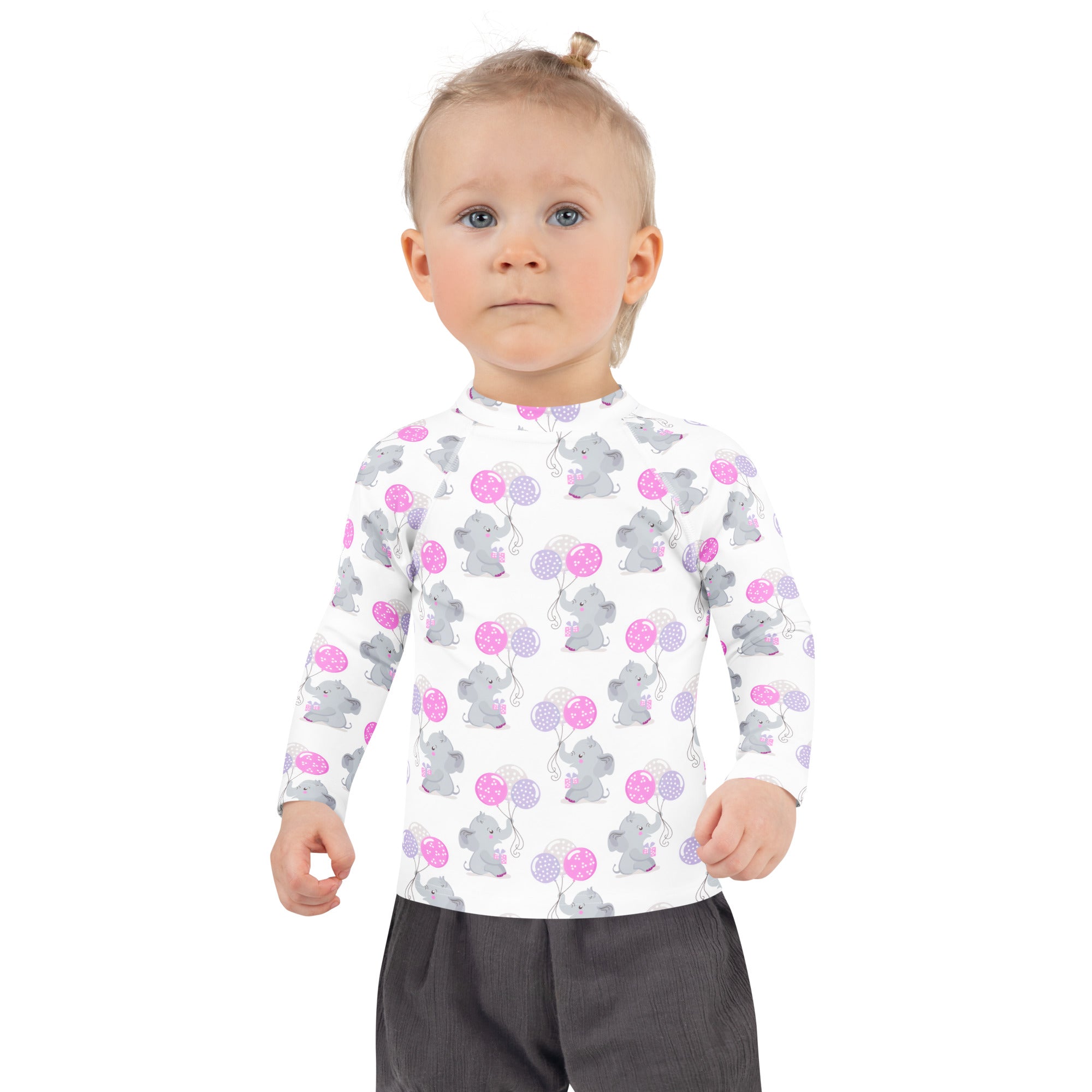 White long-sleeved girls rash guard swim shirt with gray elephant pattern and upf 50 plus for birthday use