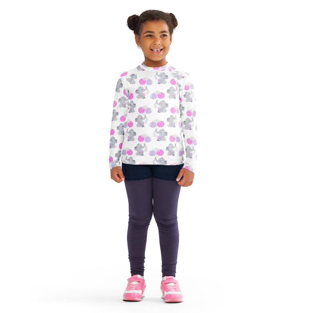White long sleeve girls rash guard swim shirt with gray elephant pattern and pink balloons with UPF 50 plus protection