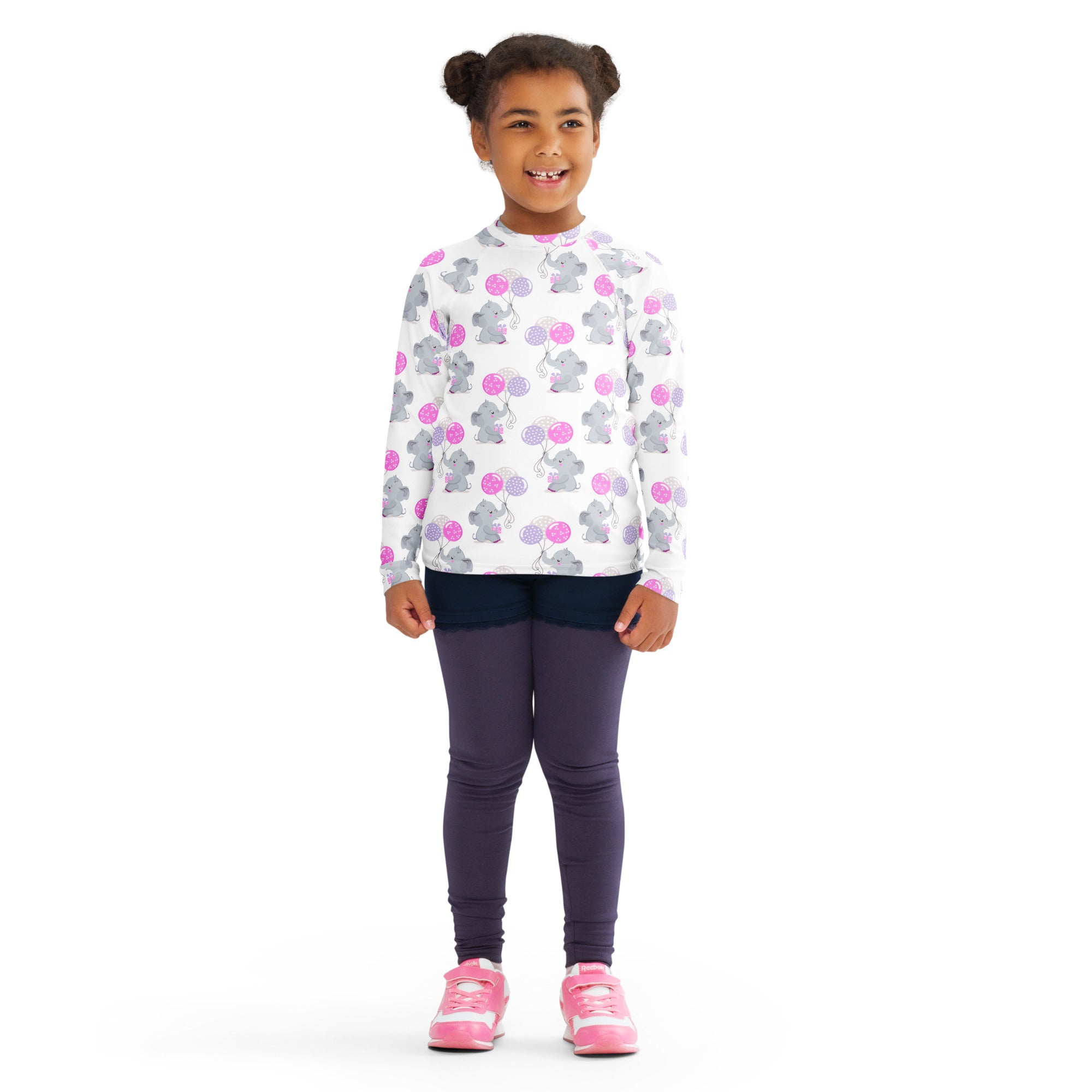 White long sleeve girls rash guard swim shirt with gray elephant pattern and pink balloons with UPF 50 plus protection
