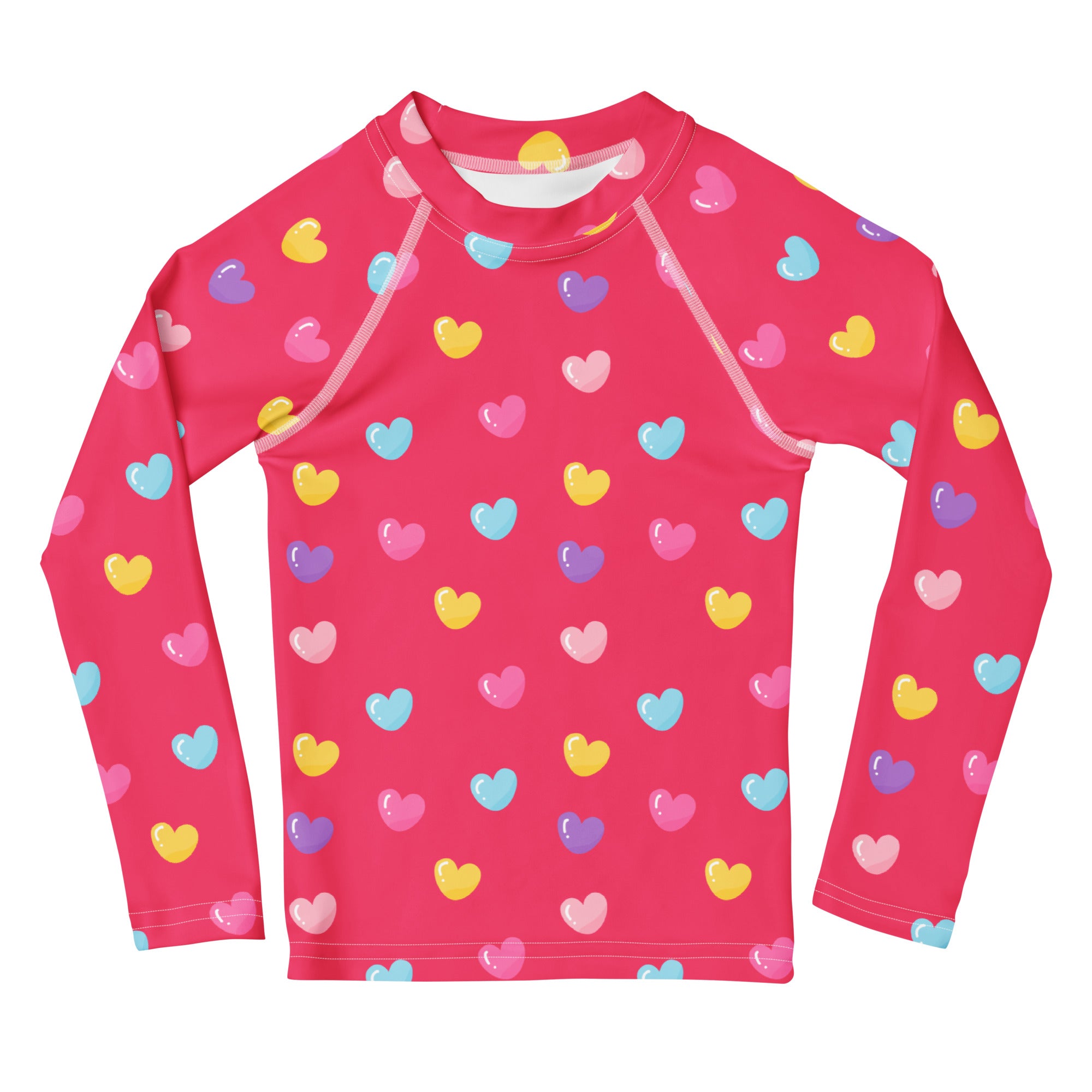Girls colorful hearts pink long sleeve rash guard swim shirt with UPF 50 plus featuring multicolored heart pattern
