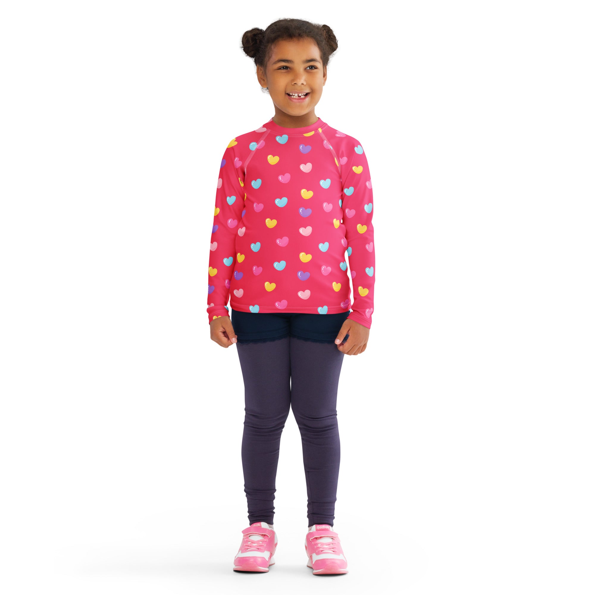 Girls colorful hearts pink long sleeve rash guard swim shirt with UPF 50+ featuring a playful multicolored heart pattern