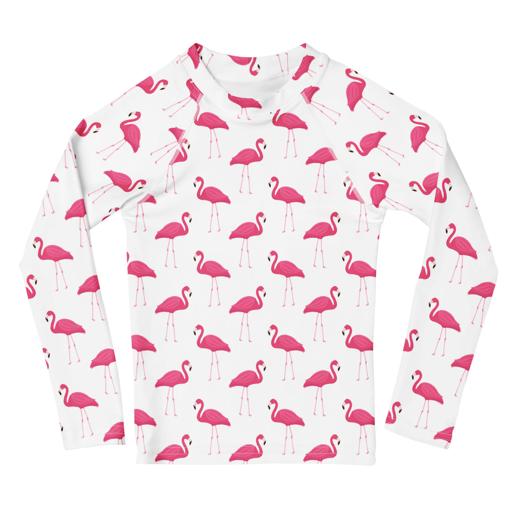 Kids pink flamingo long sleeve rash guard swim shirt with UPF 50 plus featuring a vibrant pink flamingo pattern