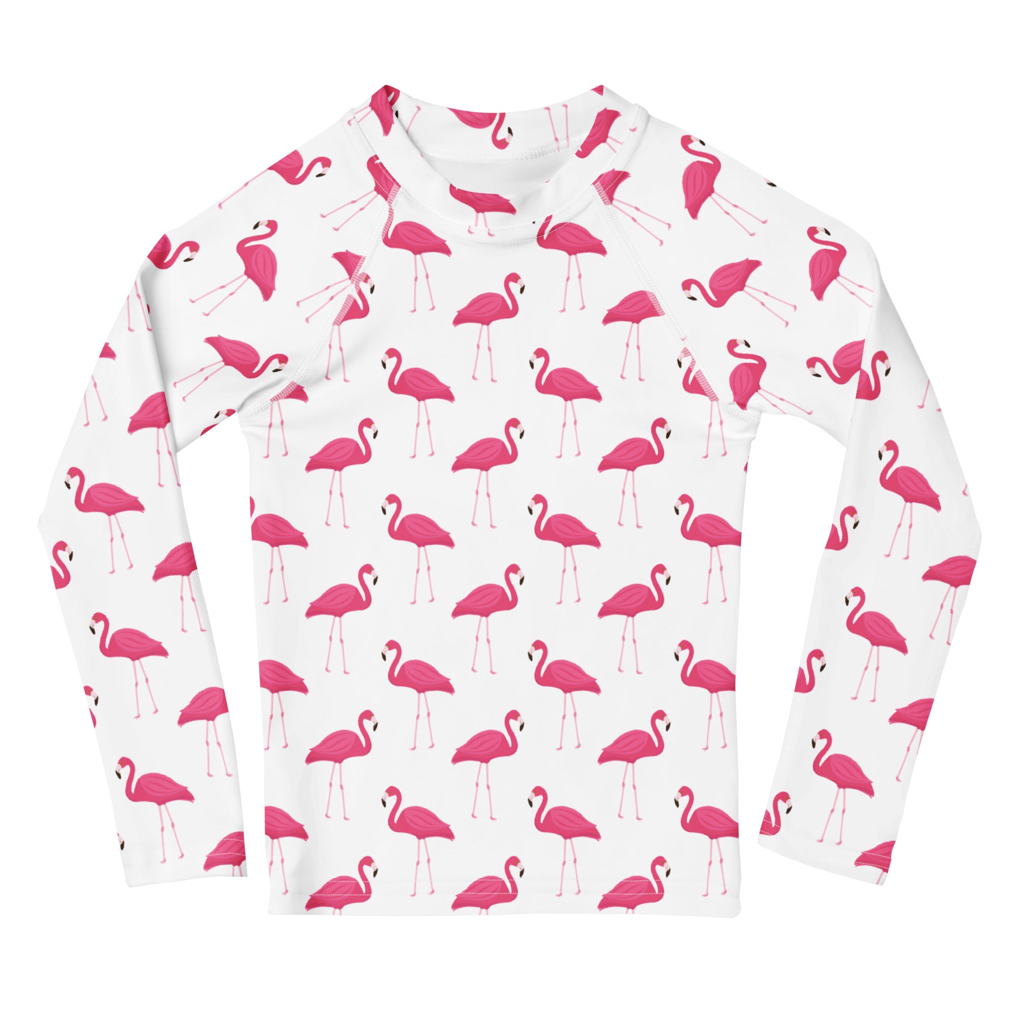 Kids pink flamingo long sleeve rash guard swim shirt with UPF 50 plus featuring a vibrant pink flamingo pattern