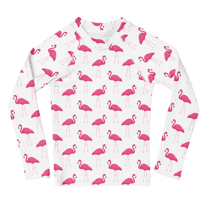 Kids Pink Flamingo Long Sleeve Rash Guard Swim Shirt With UPF 50+