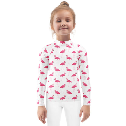 Kids Pink Flamingo Long Sleeve Rash Guard Swim Shirt With UPF 50+