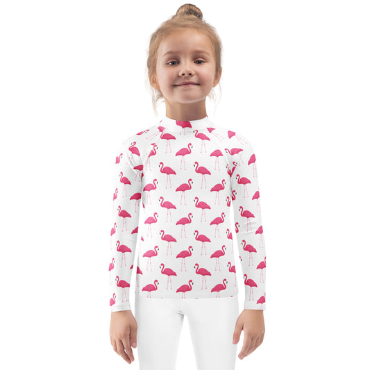 Kids Pink Flamingo Long Sleeve Rash Guard Swim Shirt With UPF 50+
