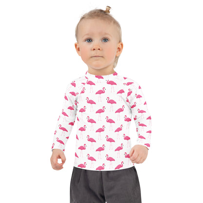 Kids Pink Flamingo Long Sleeve Rash Guard Swim Shirt With UPF 50+