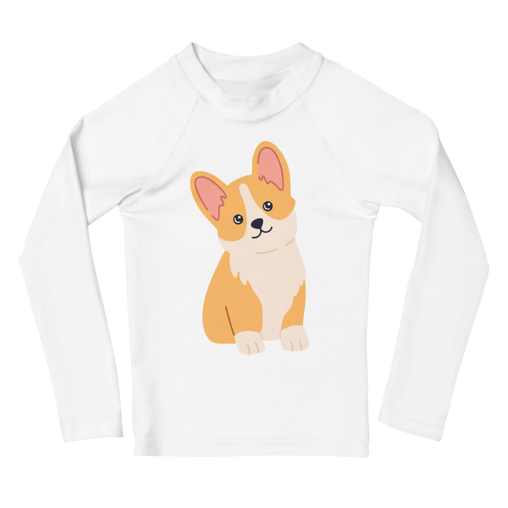White long-sleeved rash guard swim shirt with cute orange and cream corgi graphic and upf 50 plus for kids