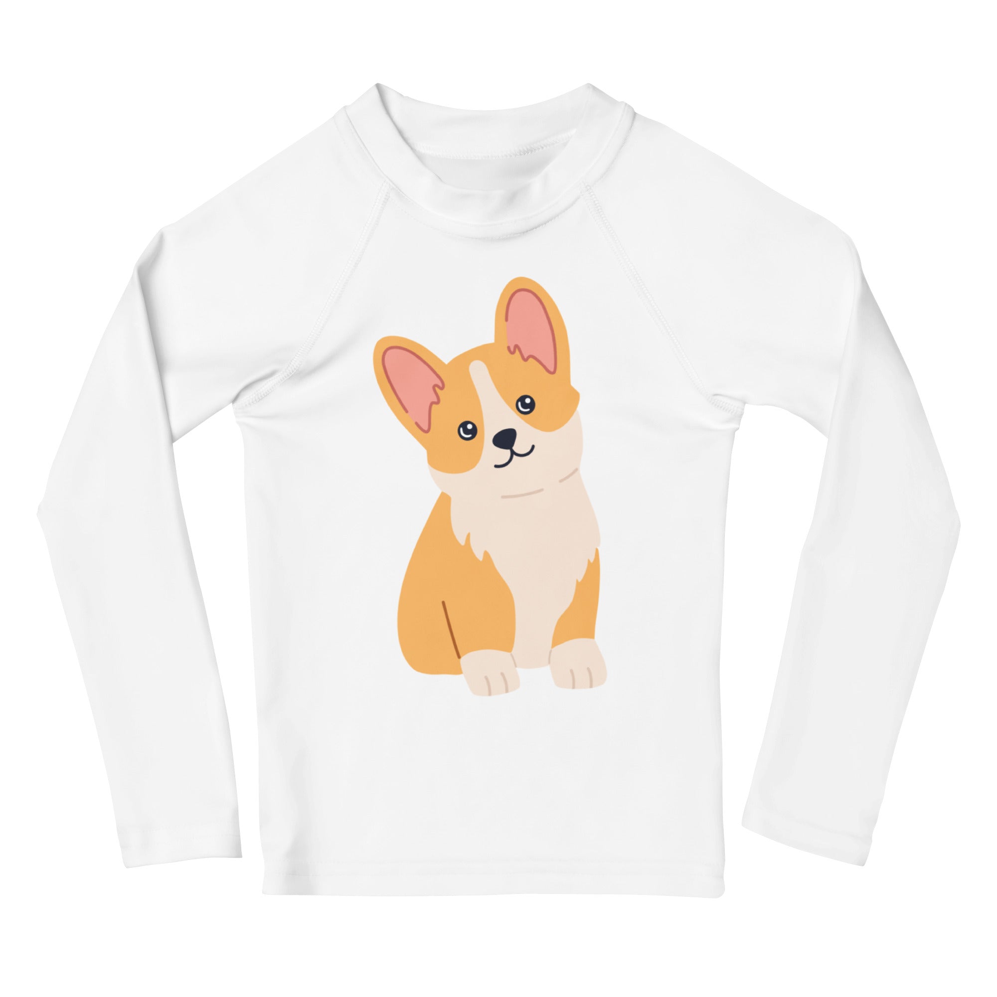 White long-sleeved rash guard swim shirt with cute orange and cream corgi graphic and upf 50 plus for kids