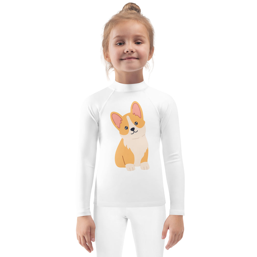 White long-sleeved high-neck rash guard swim shirt with orange cream cartoon corgi graphic and upf 50 plus protection