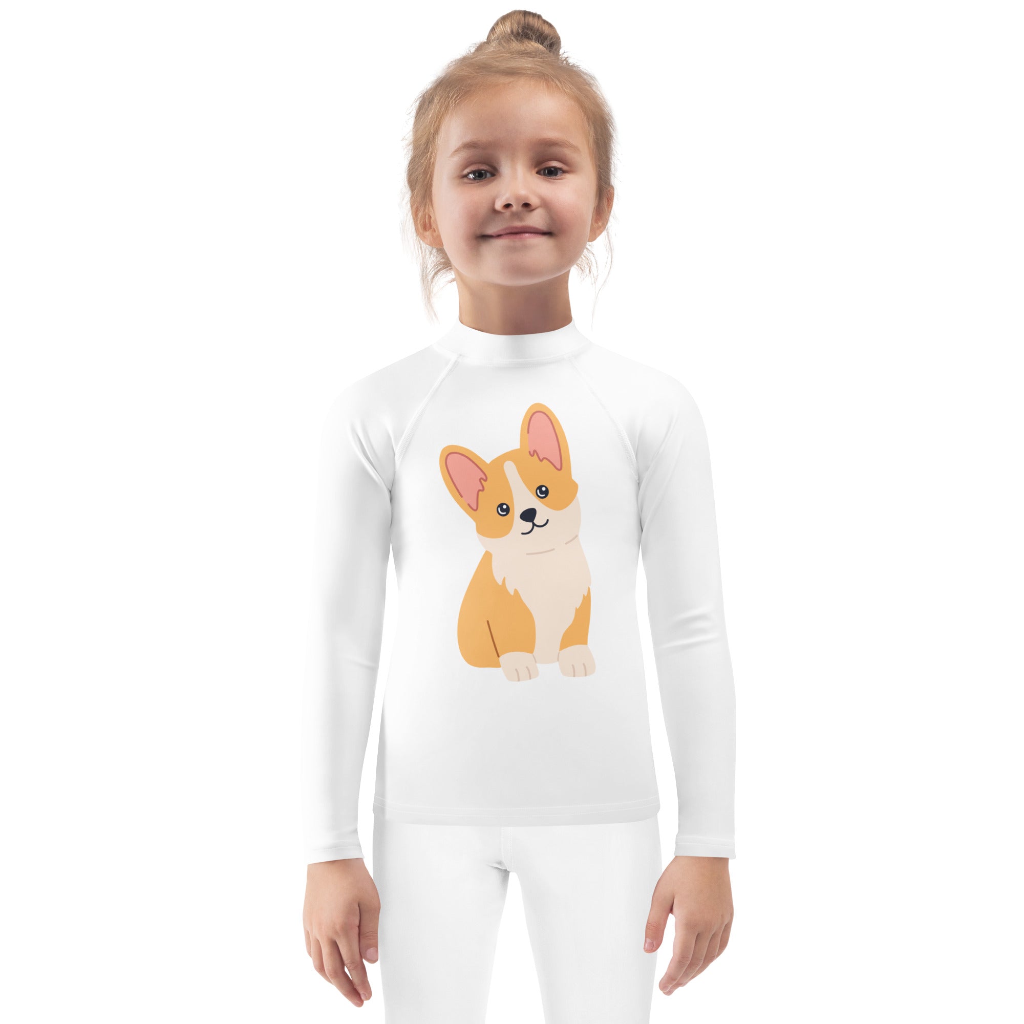 White long-sleeved high-neck rash guard swim shirt with orange cream cartoon corgi graphic and upf 50 plus protection