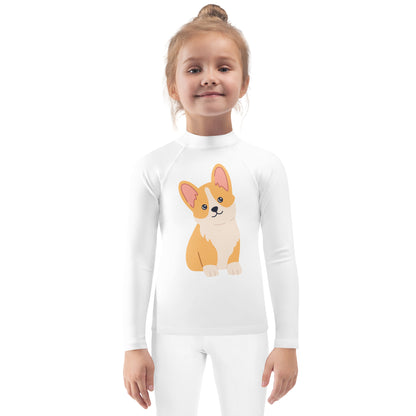Kids Cute Corgi Dog Long Sleeve Rash Guard Swim Shirt With UPF 50+