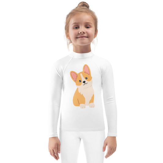 Kids Cute Corgi Dog Long Sleeve Rash Guard Swim Shirt With UPF 50+