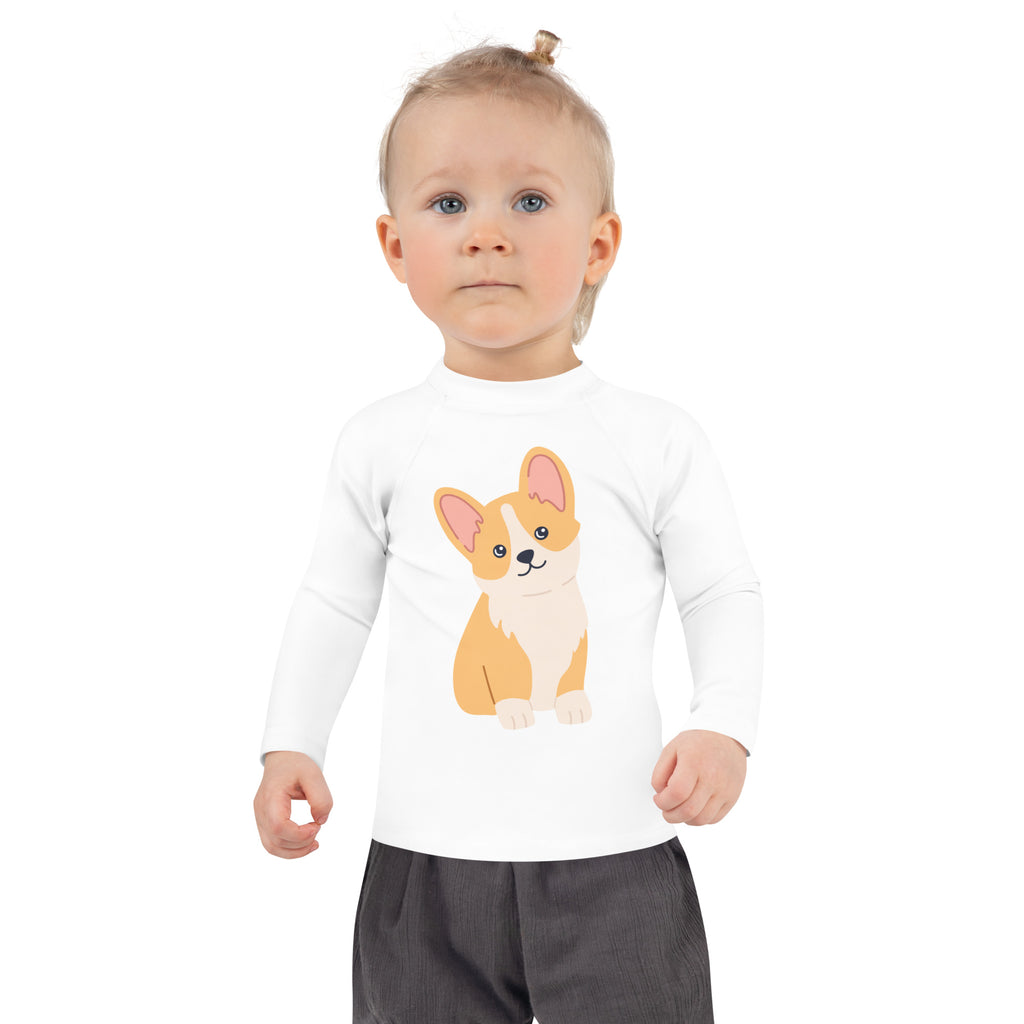 White long-sleeved toddler rash guard swim shirt with cartoon corgi design and upf 50 plus sun protection