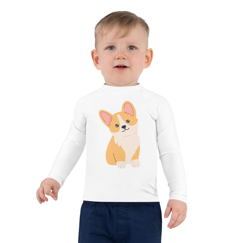 White long-sleeved toddler rash guard swim shirt with orange and cream cartoon corgi design and UPF 50 plus protection