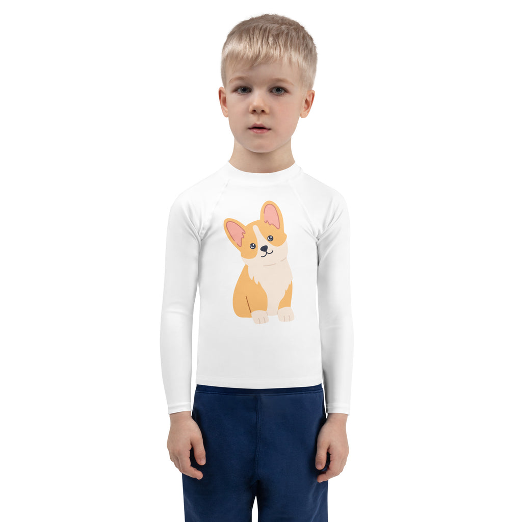 White long-sleeved kids rash guard swim shirt with orange cream corgi design and upf 50 plus sun protection