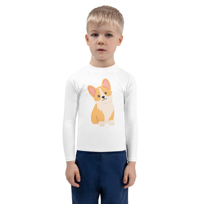 Kids Cute Corgi Dog Long Sleeve Rash Guard Swim Shirt With UPF 50+