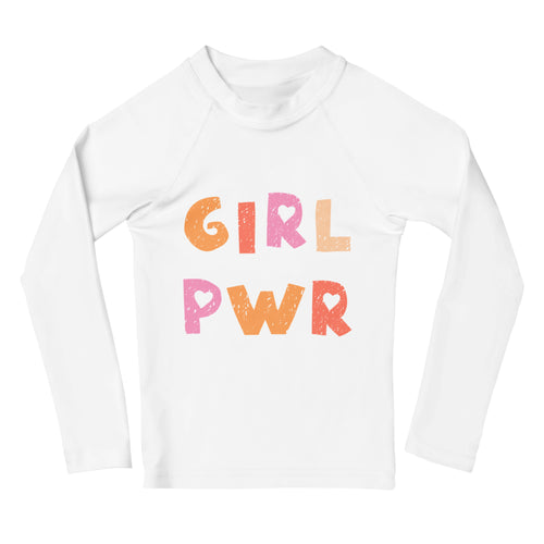 White long sleeve rash guard with colorful girl pwr print designed for kids with upf 50 plus sun protection