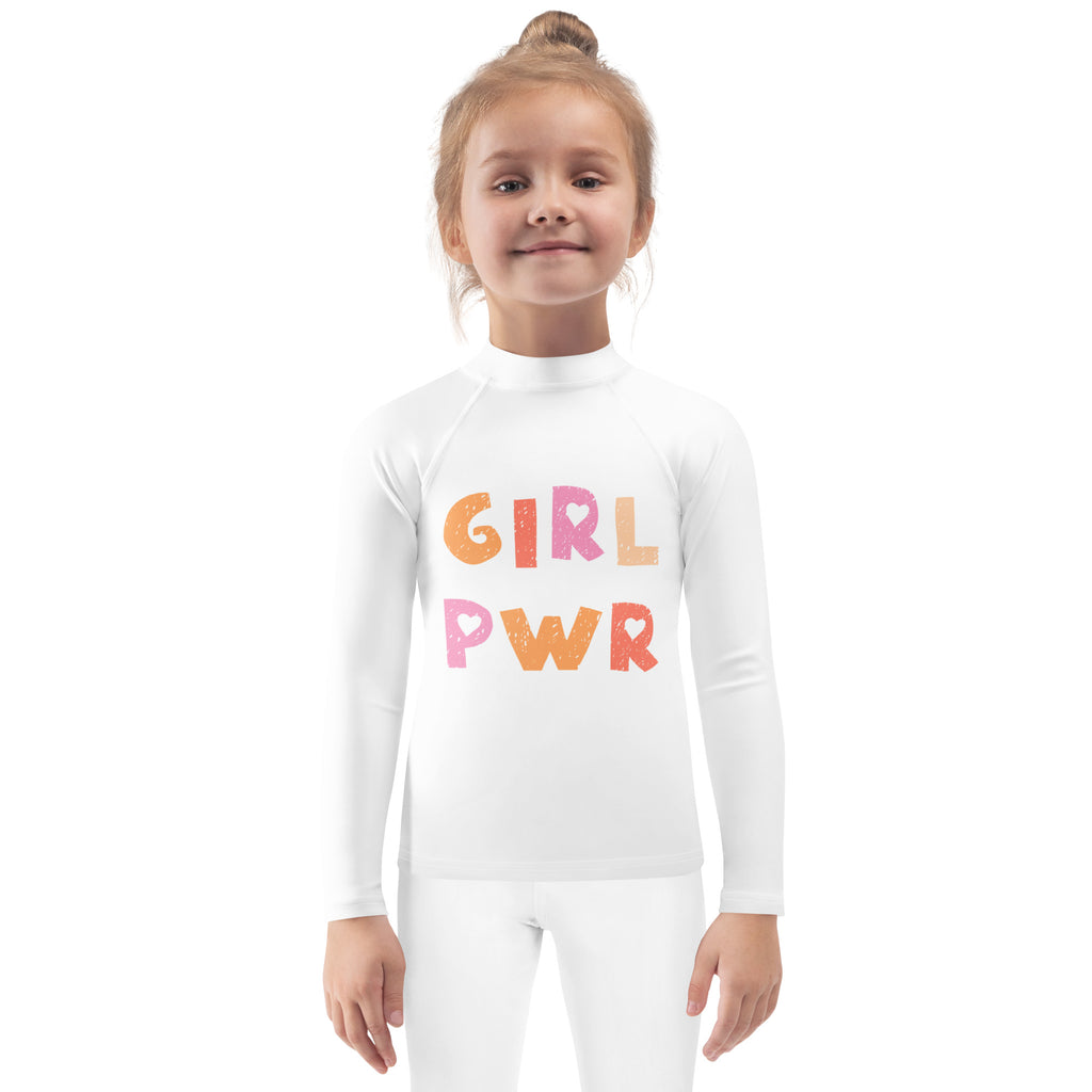 White long sleeve rash guard swim shirt with girl pwr colorful print and upf 50 plus for kids
