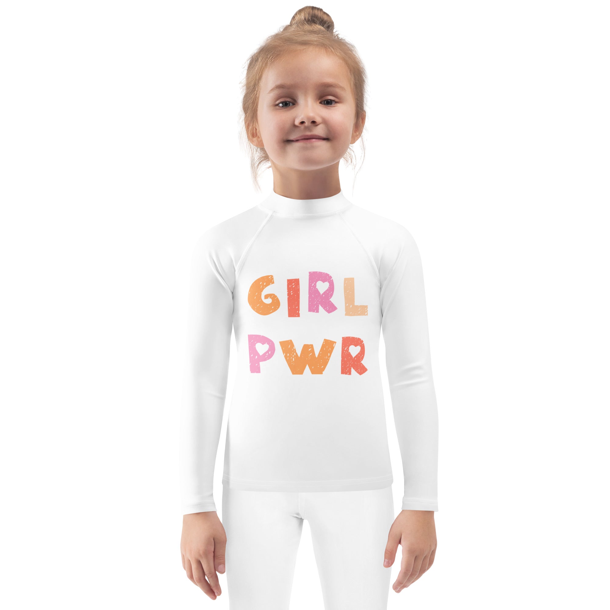 White long sleeve rash guard swim shirt with girl pwr colorful print and upf 50 plus for kids