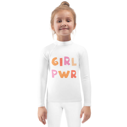 White long sleeve rash guard swim shirt with girl pwr colorful print and upf 50 plus for kids