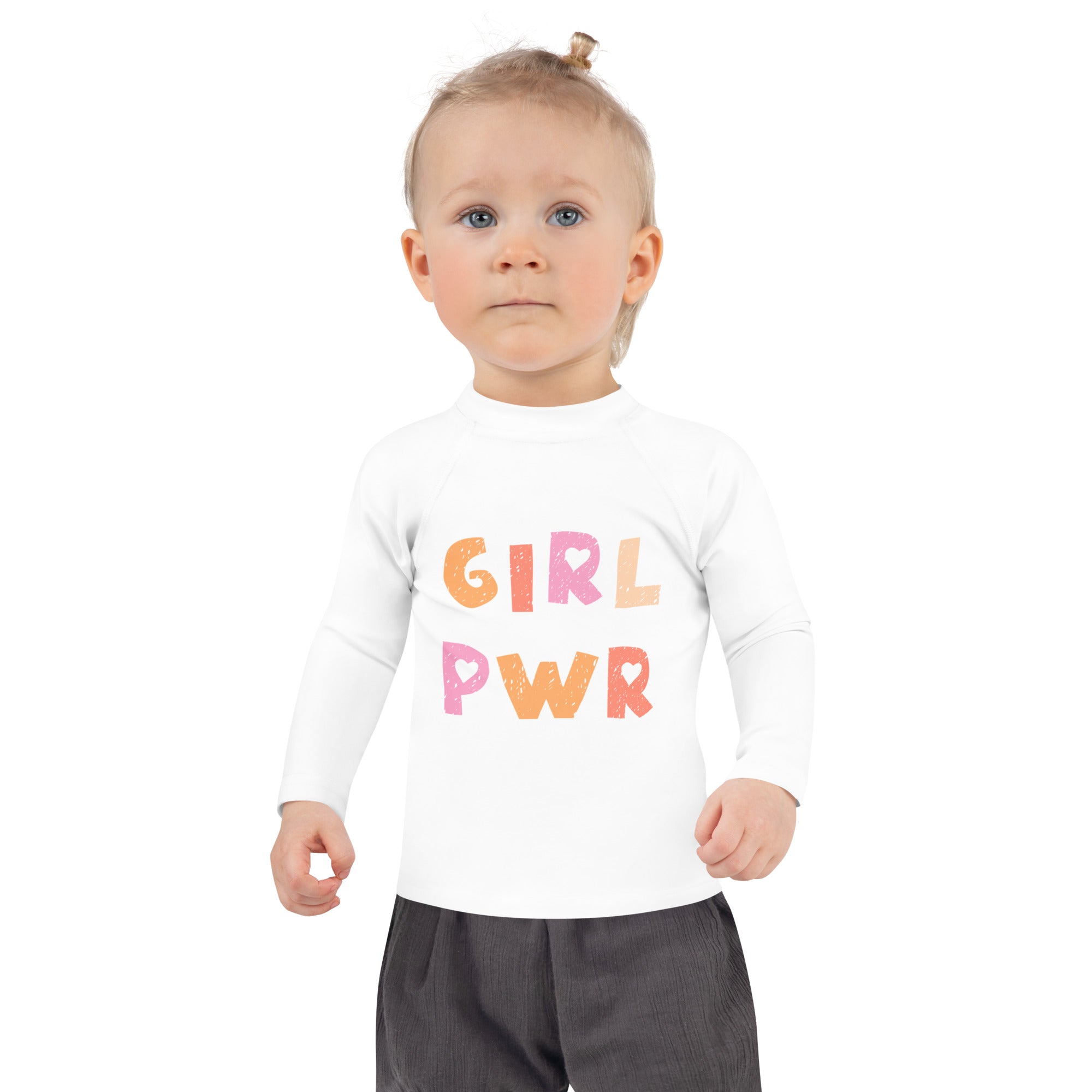 White long-sleeved toddler rash guard shirt with colorful girl pwr print and upf 50 plus sun protection for swimming