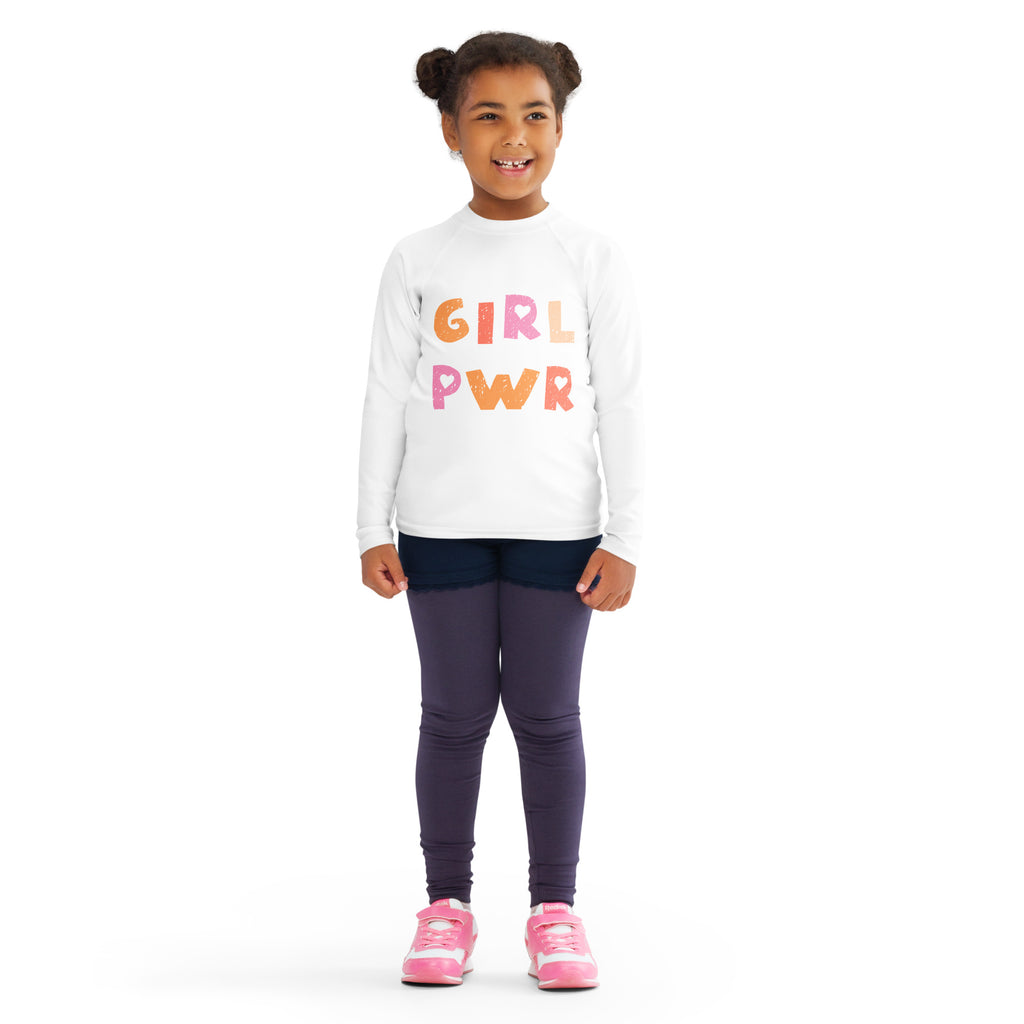 White long-sleeved girl power kids rash guard swim shirt with colorful print and upf 50 plus sun protection