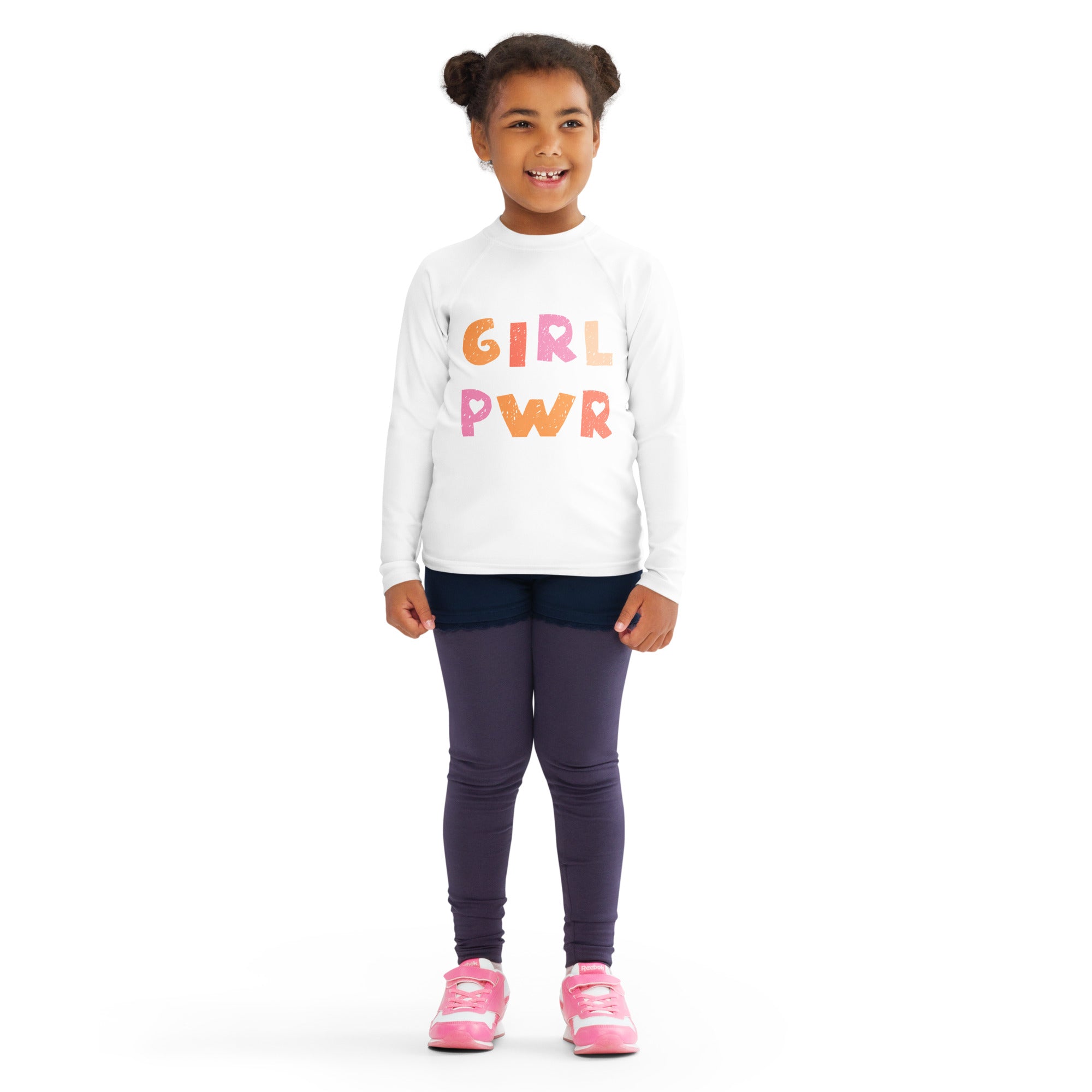 White long-sleeved girl power kids rash guard swim shirt with colorful print and upf 50 plus sun protection