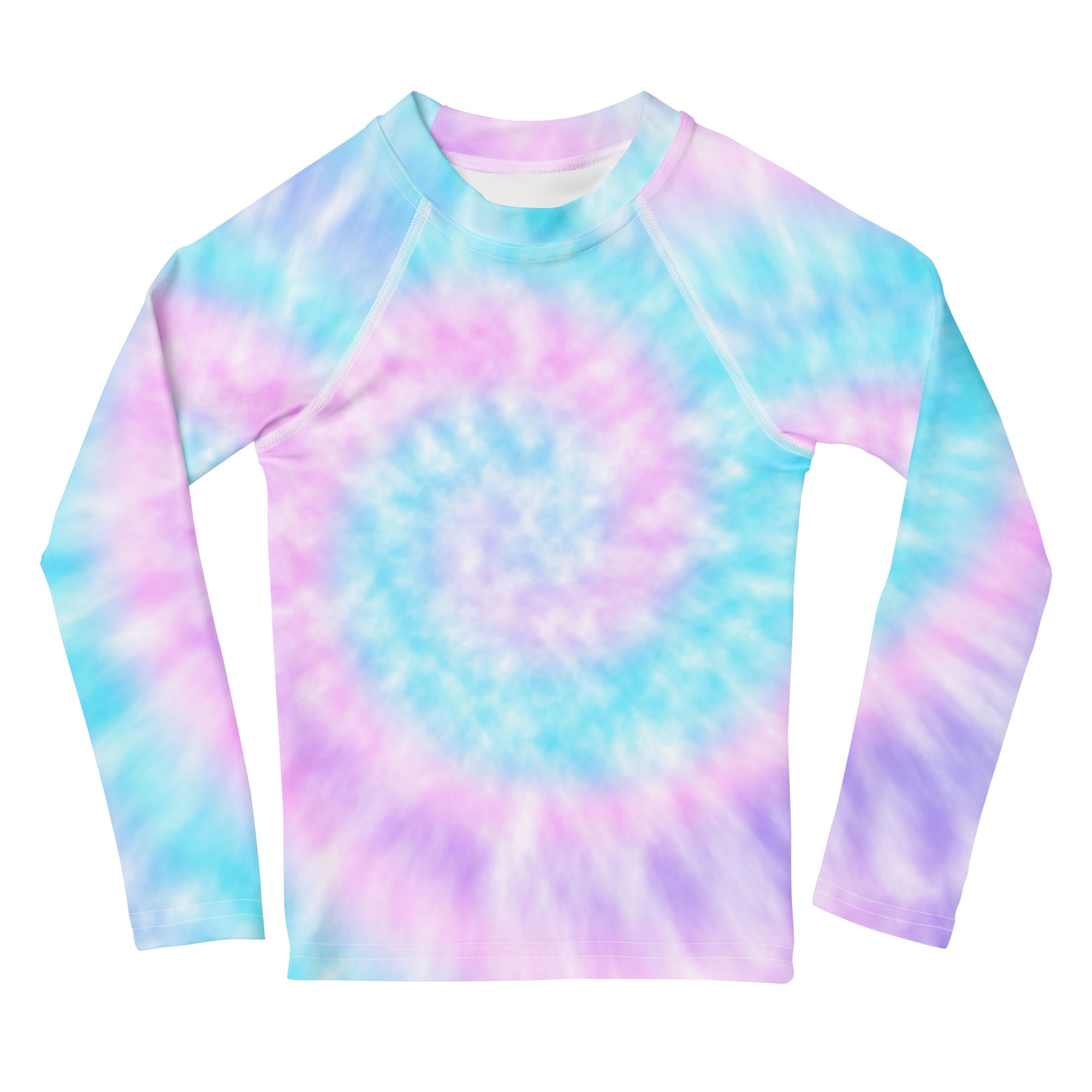 Girl tie dye long sleeve rash guard swim shirt with upf 50 plus in pink blue and purple vibrant pattern