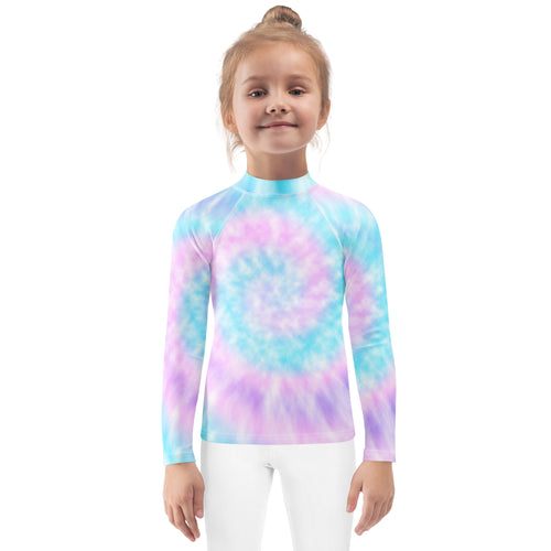 A vibrant tie-dye girl long sleeve rash guard swim shirt in pink purple and light blue with UPF 50+ protection