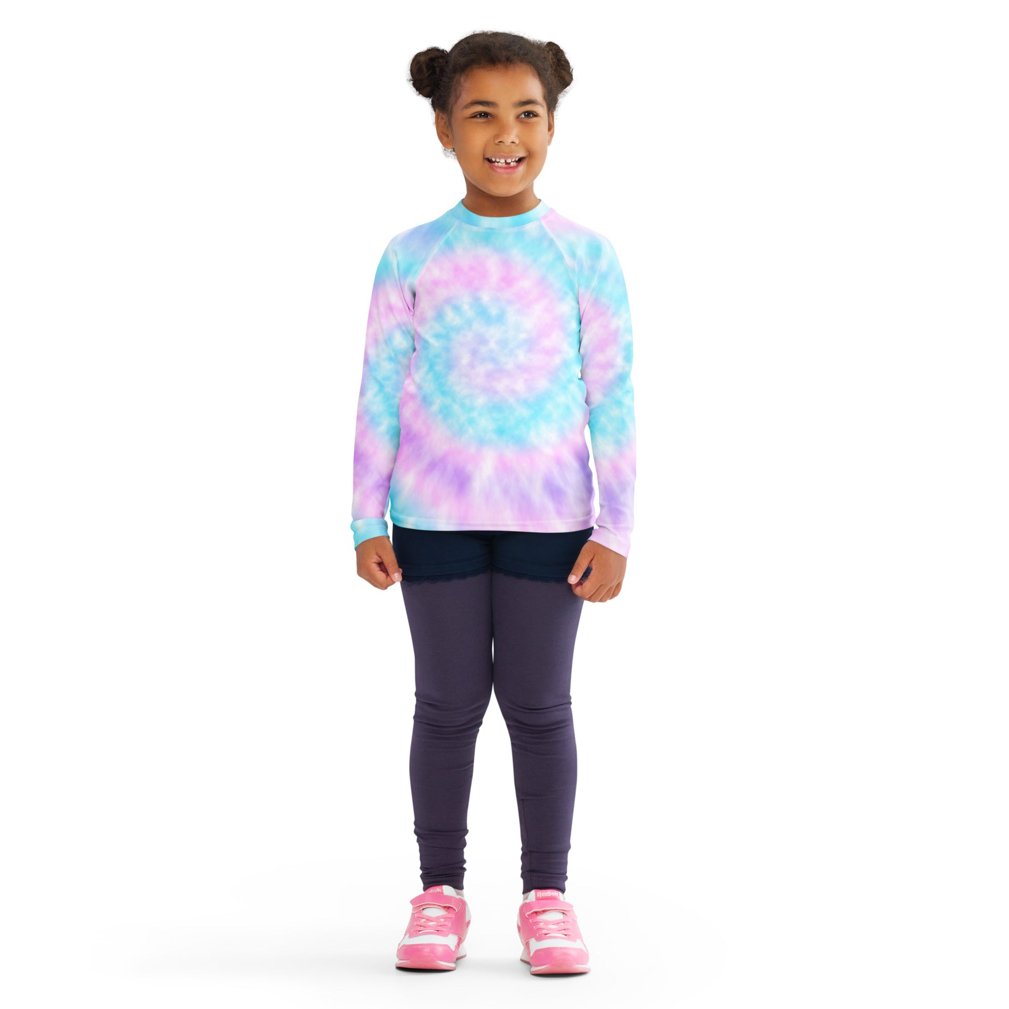 A vibrant pastel blue purple and pink girl tie dye long sleeve rash guard swim shirt with upf 50 plus