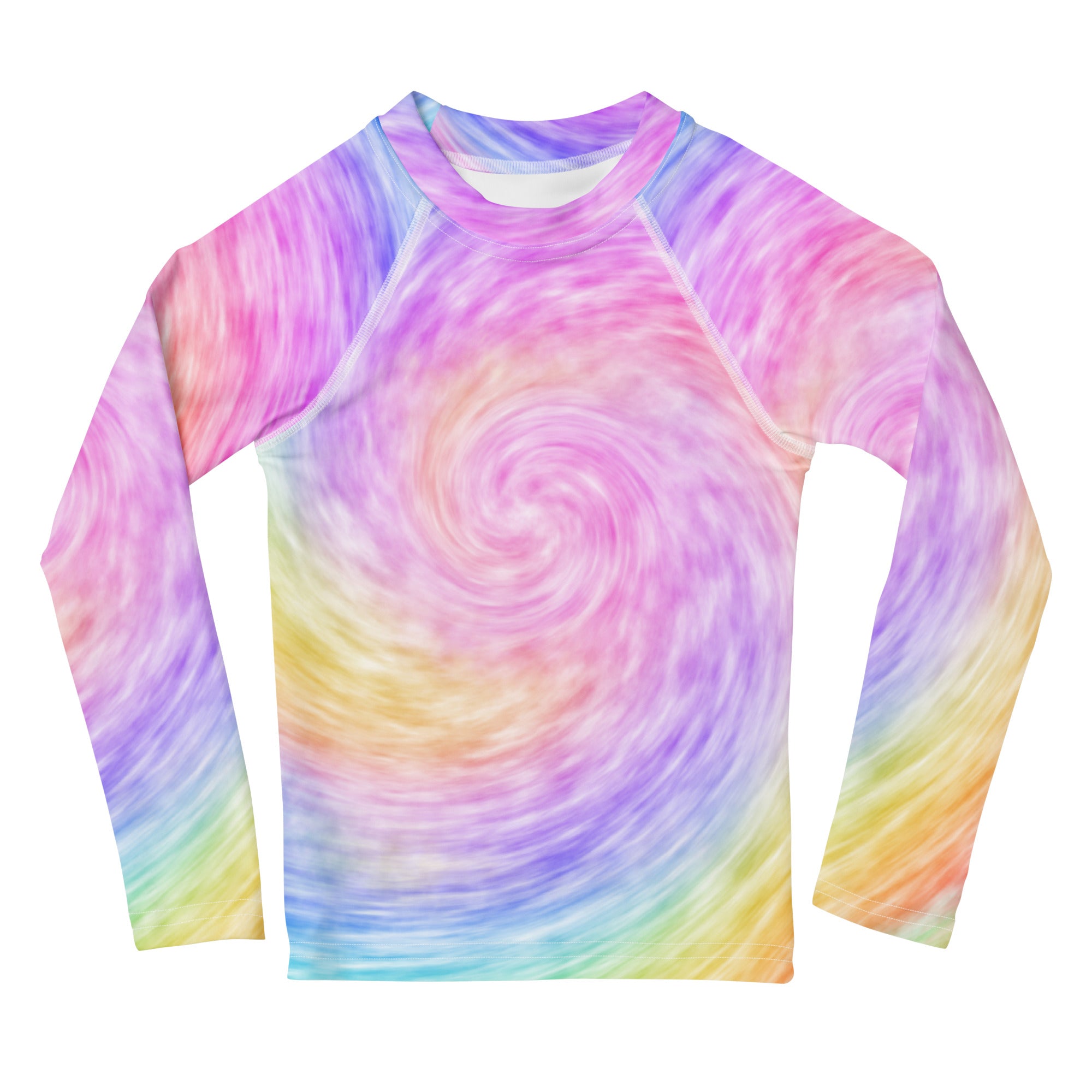 Kids rainbow tie dye long sleeve rash guard swim shirt with vibrant pastel swirl pattern and upf 50+ protection